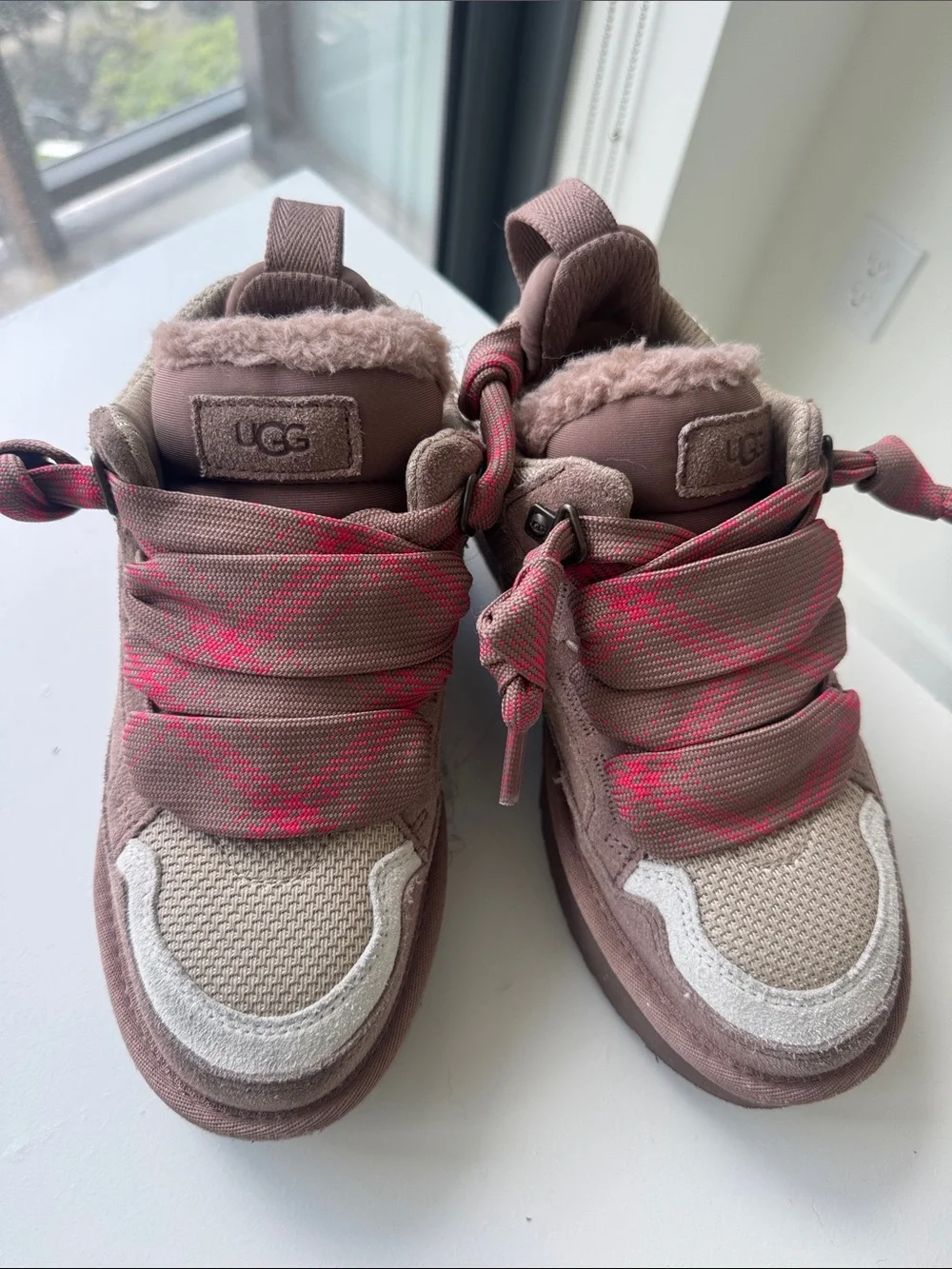 UGG Kids Brown Suede Sneakers with Pink Rope Laces
